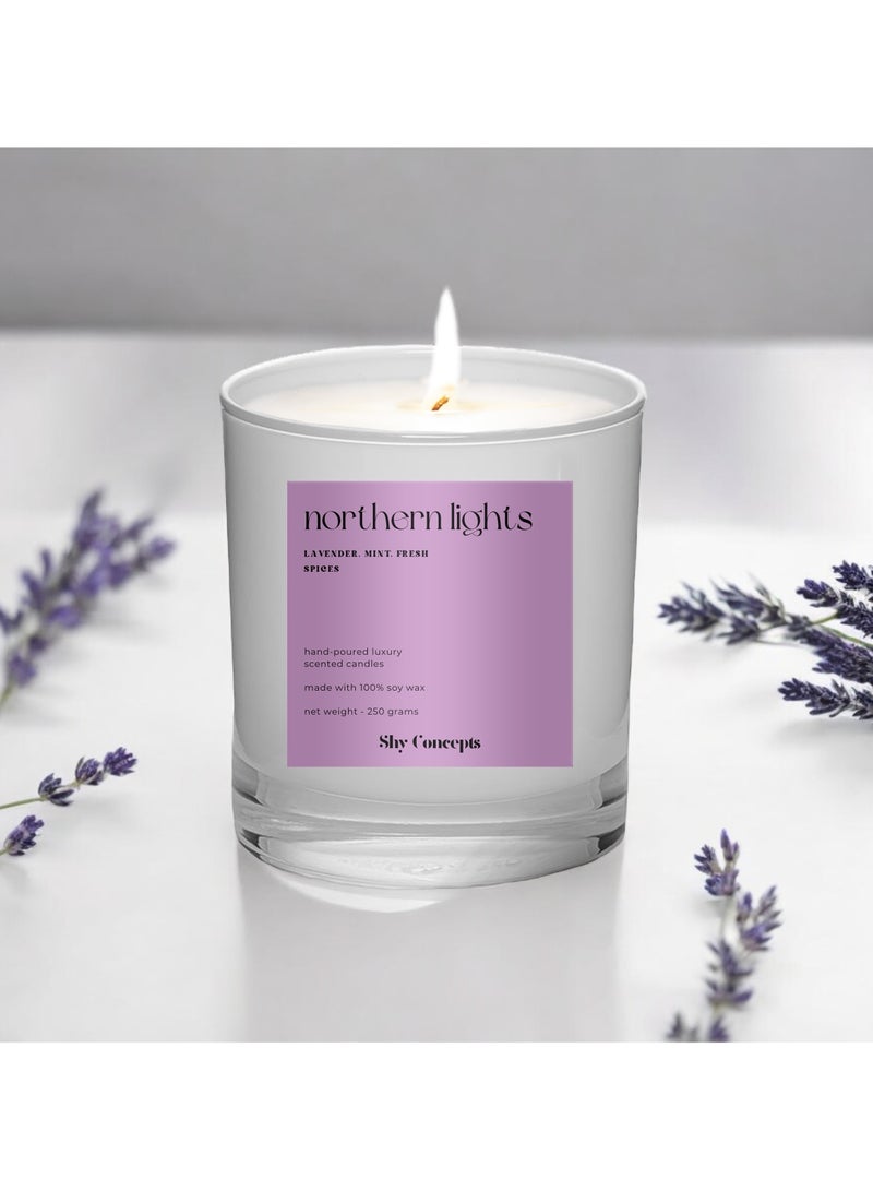 Premium Scented Candle Handmade with Natural Soy Wax for Aromatherapy, Stress Relief, Relaxation, Gift, Home Decor| Fragrance Oils| Lavender, Mint, Fresh Spices| 250 grams| White Candle Jar|