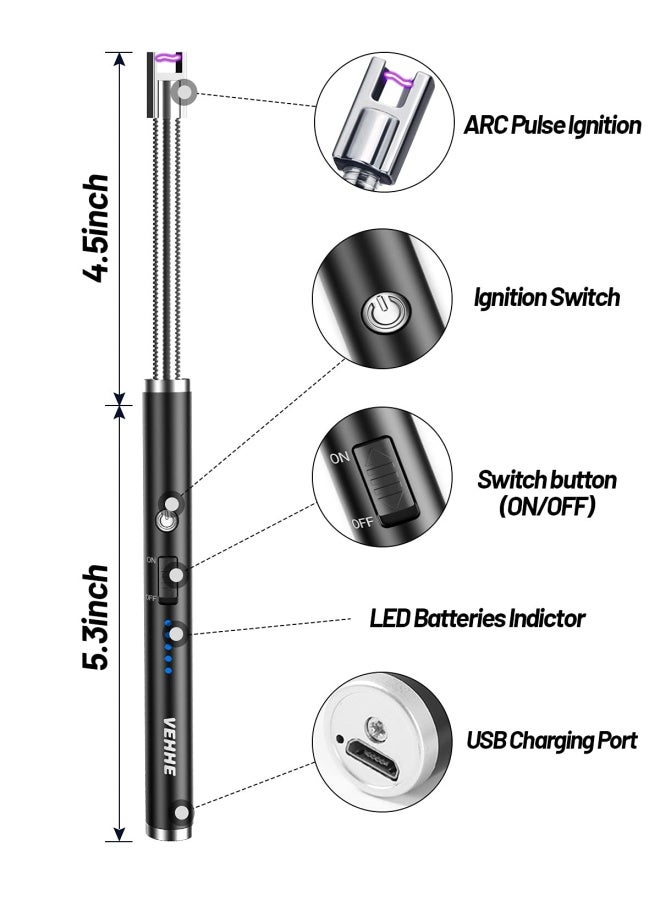 Vehhe Candle Lighter Electric Rechargeable Arc Lighter With Led Battery Display Long Flexible Neck Usb Lighter For Light Candles Gas Stoves Camping Barbecue