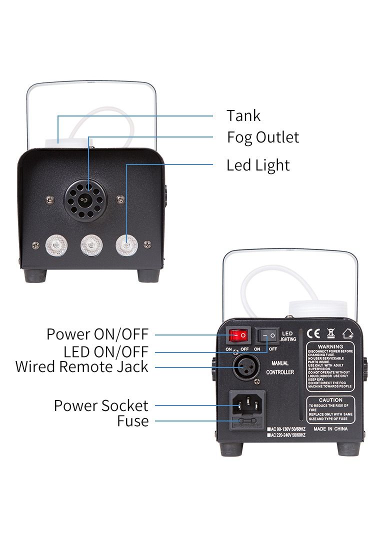 wireless control fog Machine, Fog Machine with multi Colorful LED Lights Effect,500W Fog with 1 Wired Receiver and 2 Wireless Remote Controls, Perfect for Professional Stage Fogger Great Effect f