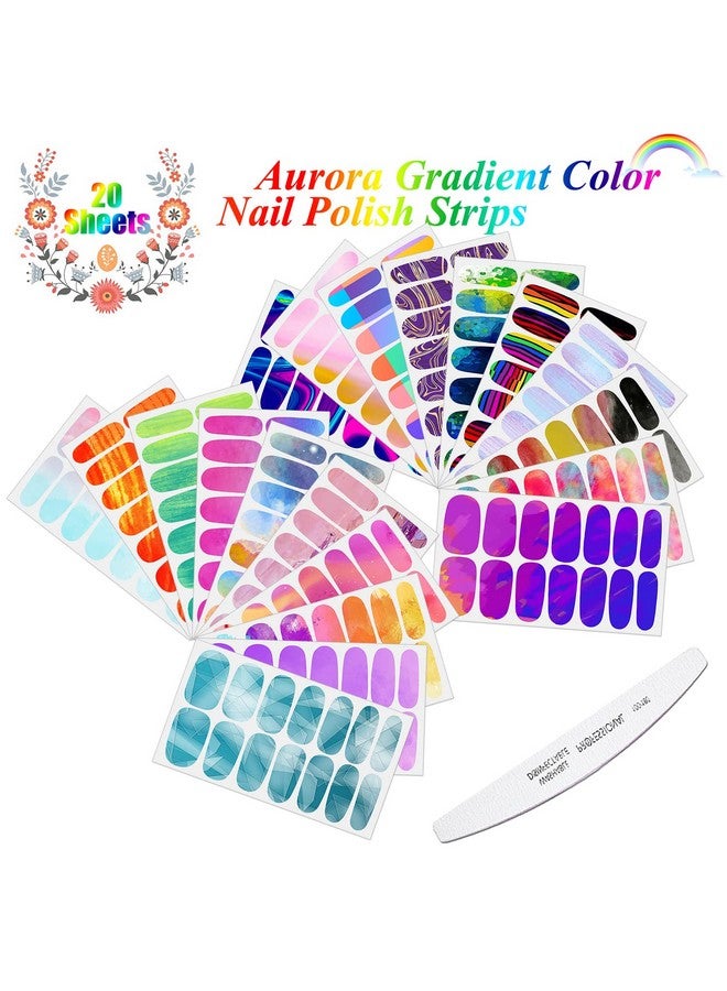 20 Sheets Women'S Nail Wraps Gradient Aurora Color Full Nail Wraps With Nail File Self Adhesive Graffiti Cloud Nail Polish Strips Full Nail Stickers Nail Art Decal Strips For Women Kids