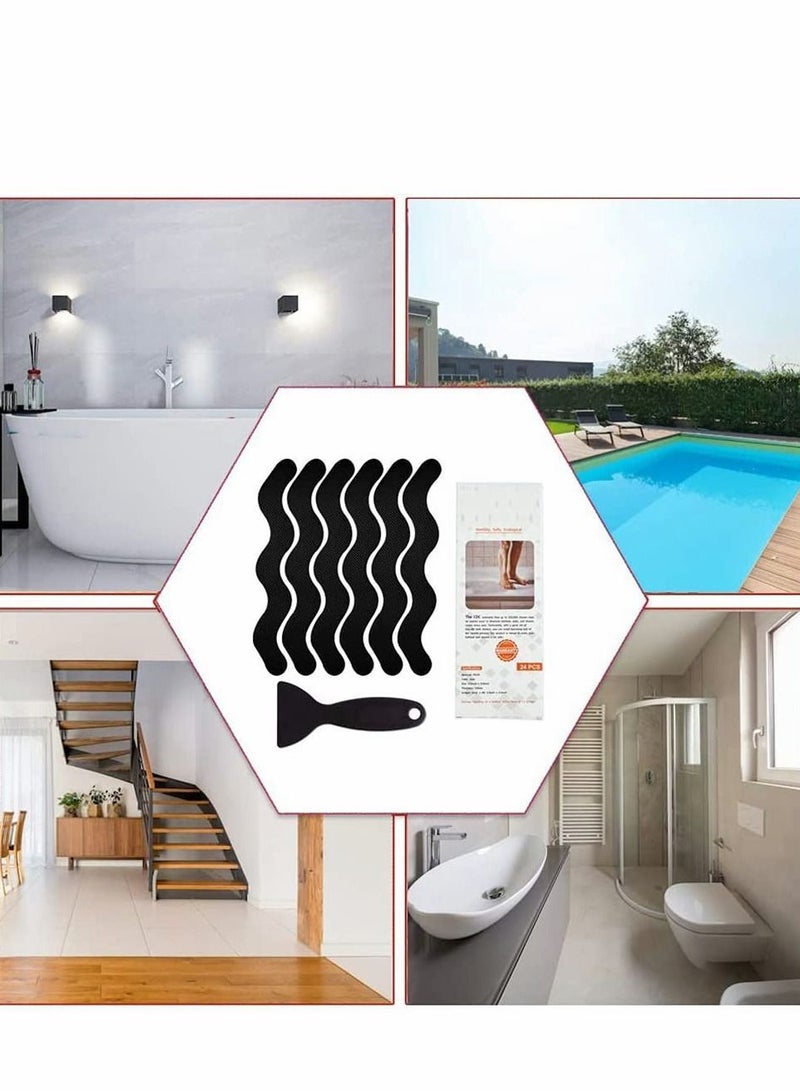 S Shaped Long Non Slip Sticker, Anti Shower Stickers, Safety Bathtub Strips Adhesive Decals With Premium Scraper For Bath Tub Stairs Ladders Boats (24 PCS, Black)