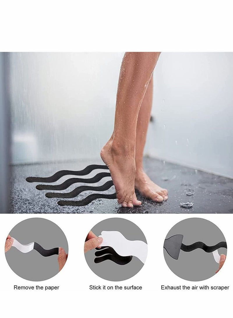 S Shaped Long Non Slip Sticker, Anti Shower Stickers, Safety Bathtub Strips Adhesive Decals With Premium Scraper For Bath Tub Stairs Ladders Boats (24 PCS, Black)