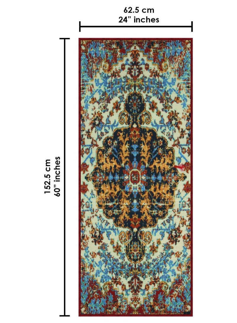 Story@Home Carpet For Bedroom, Area Washable Rugs For Bedroom, Kitchen Rug Moroccan Print (Blue And Cream, 60 X 150 Cm)