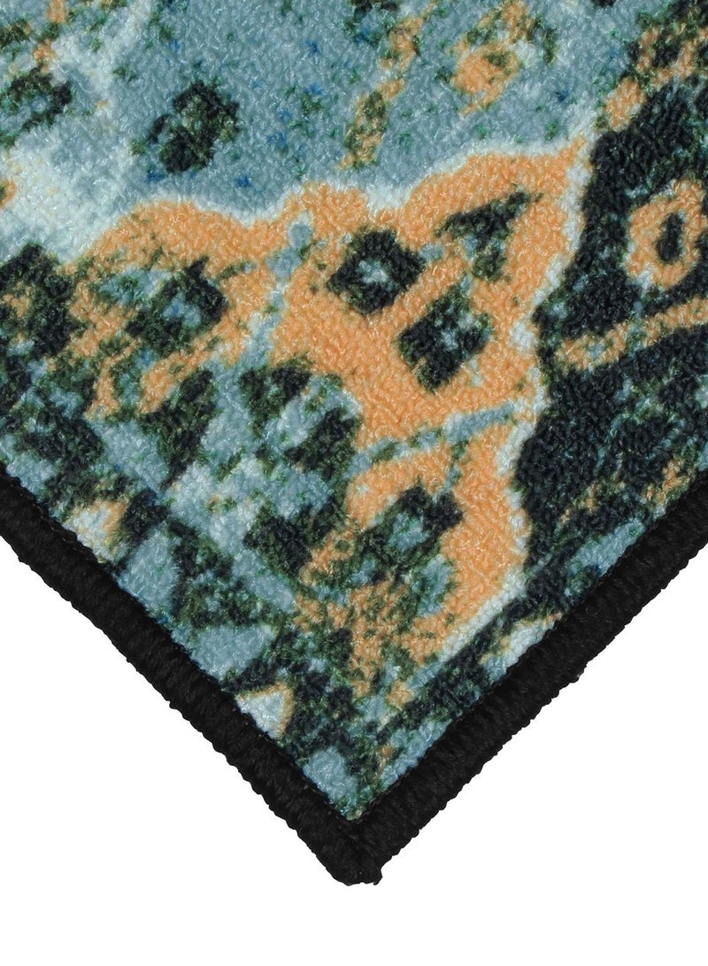 Polyester Rug Runner Ethnic Grunge Pattern Anti Skid, Stain Resistant Indoor Area Rug Runner 625 x 1525 cm size With Latex Backing, Teal and Mustard