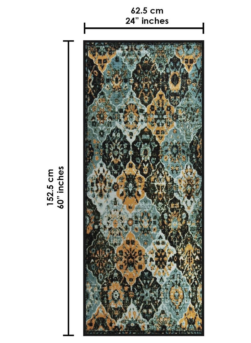 Polyester Rug Runner Ethnic Grunge Pattern Anti Skid, Stain Resistant Indoor Area Rug Runner 625 x 1525 cm size With Latex Backing, Teal and Mustard