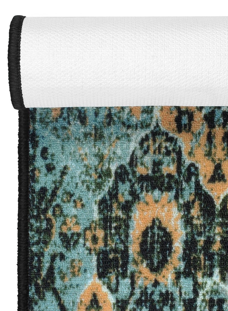 Polyester Rug Runner Ethnic Grunge Pattern Anti Skid, Stain Resistant Indoor Area Rug Runner 625 x 1525 cm size With Latex Backing, Teal and Mustard