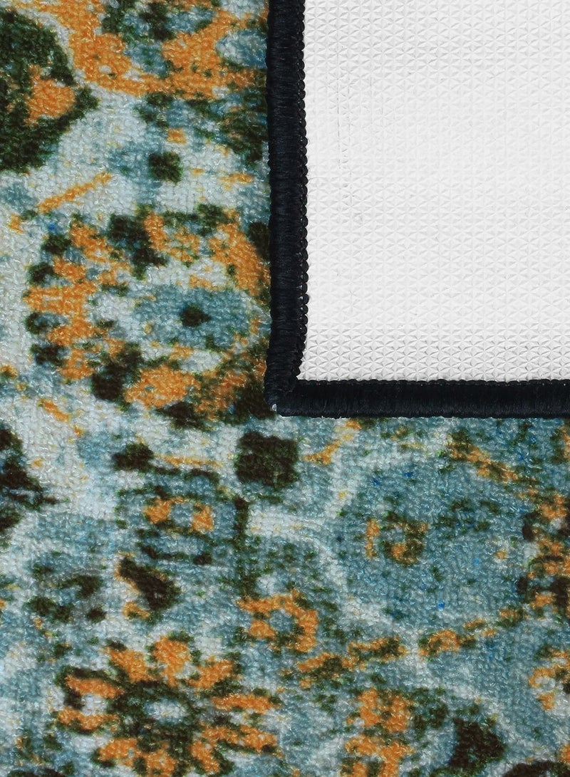 Polyester Rug Runner Ethnic Grunge Pattern Anti Skid, Stain Resistant Indoor Area Rug Runner 625 x 1525 cm size With Latex Backing, Teal and Mustard