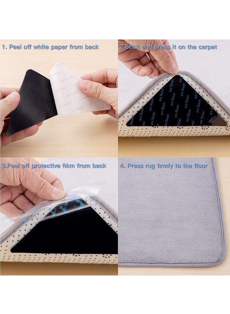 12Pcs Non Slip Rug Grippers, Pads Tape Anti Carpet Corner Gripper for Hardwood Floors/Tile/Mats/Keep Area Rugs Flat and Easily Peel Off (Black)