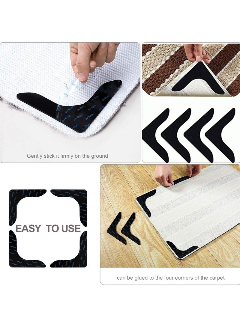 SYOSI Black L Shape Rug Gripper Tape 8 Pcs Double Sided Anti Curling Non Slip Reusable Pad for Hardwood Floors, Carpets, Floor Mats in Place & Make Corner Flat and Easily Peel Off