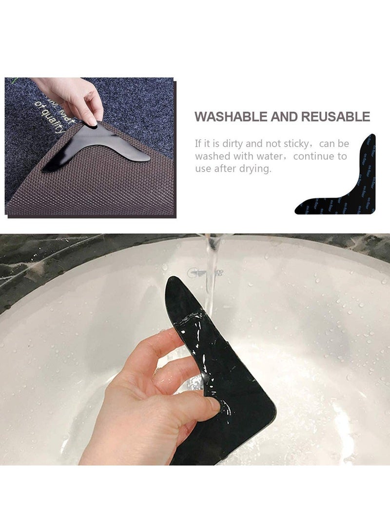 SYOSI Black L Shape Rug Gripper Tape 8 Pcs Double Sided Anti Curling Non Slip Reusable Pad for Hardwood Floors, Carpets, Floor Mats in Place & Make Corner Flat and Easily Peel Off