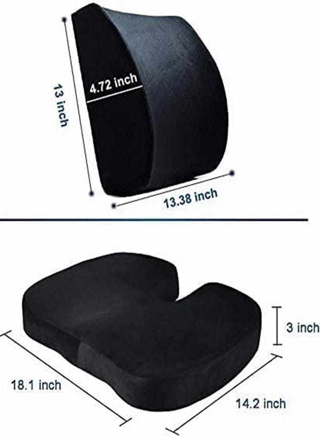 2-Piece Multipurpose Memory Foam Seat Cushion and Lumbar Support Pillow Set Black