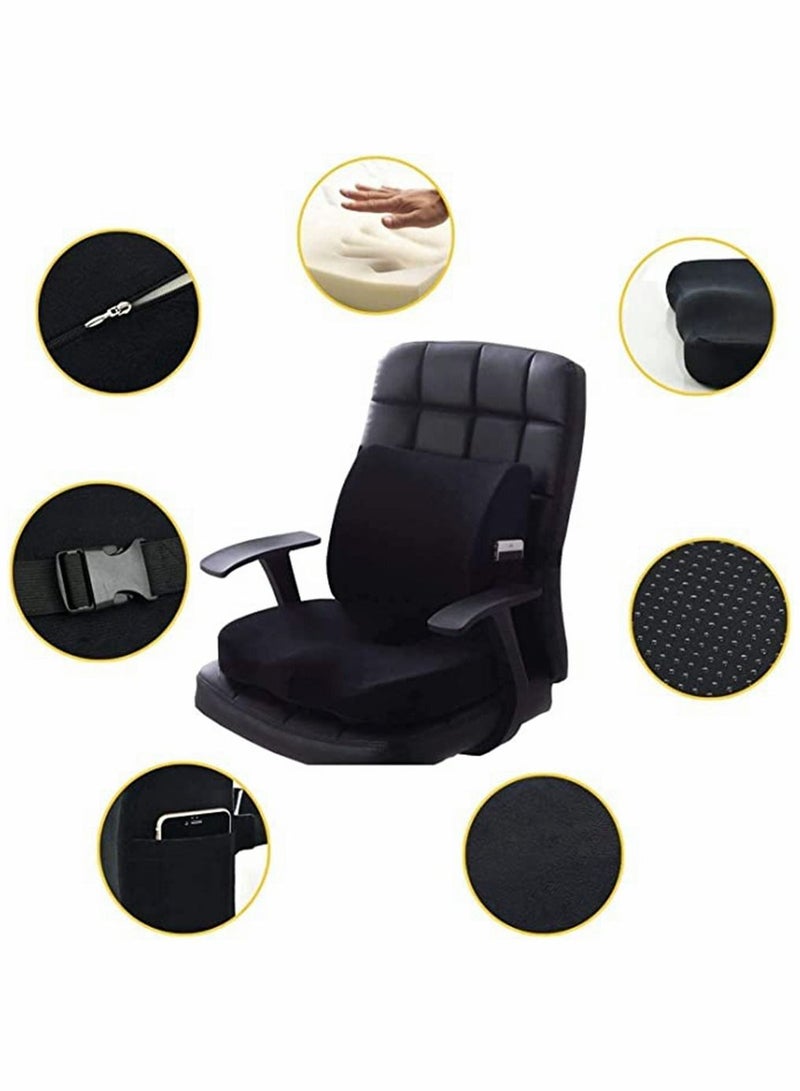 2-Piece Multipurpose Memory Foam Seat Cushion and Lumbar Support Pillow Set Black