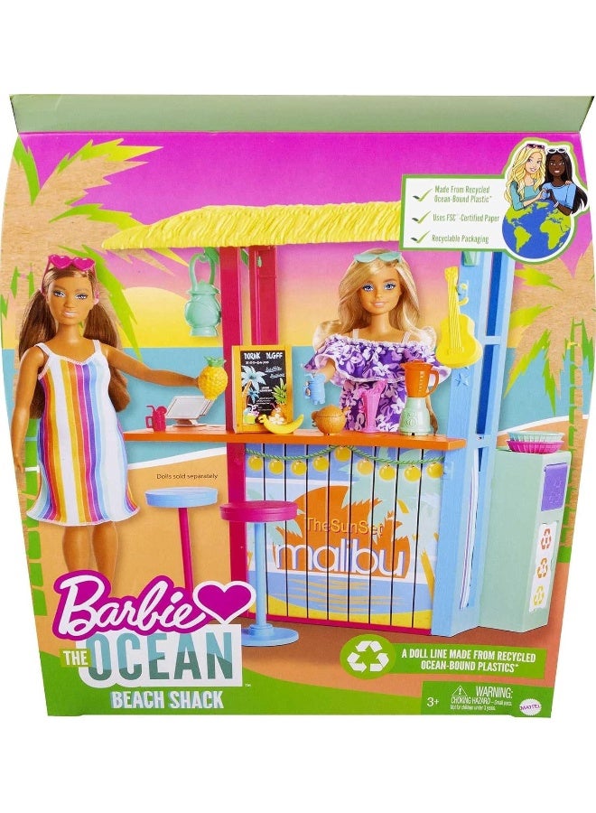 Barbie Loves The Ocean Beach Shack Playset with 18+ Accessories, Made from Recycled Plastics, Gift for 3 to 7 Year Olds