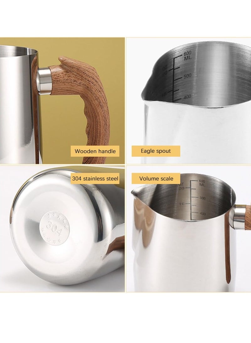 Stainless Steel Milk Frothing Jug 20 OZ (600ml) with Handle & Measurement - Perfect for Latte Art & Espresso Drinks