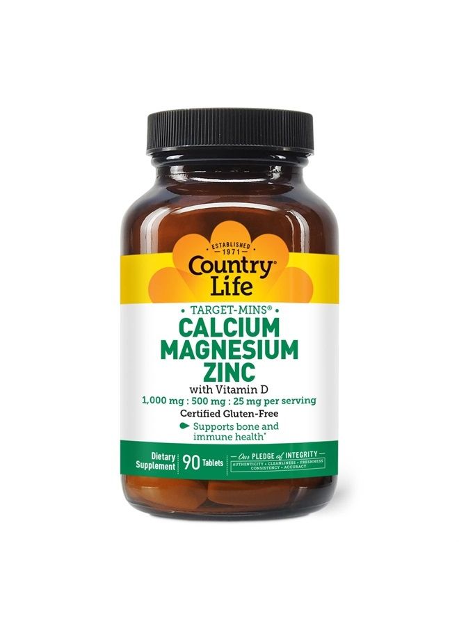 Target Mins Calcium-Magnesium Zinc with Vitamin D, 1000mg/500mg/25mg 90 Count, Certified Gluten Free, Certified Vegan