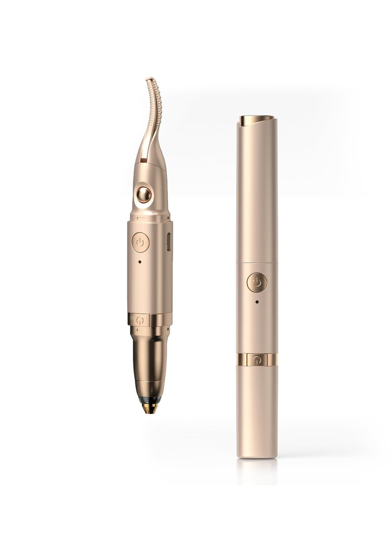 2 in 1 Heated Eyelash Curler and Quick Eyebrow Trimmer, Portable Rechargeable Makeup Electric Eyelash Curling, Achieve Naturally Curling Eyes, Pain-Free Eyebrow Trimming, Rechargeable, Gold