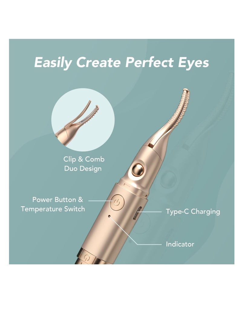 2 in 1 Heated Eyelash Curler and Quick Eyebrow Trimmer, Portable Rechargeable Makeup Electric Eyelash Curling, Achieve Naturally Curling Eyes, Pain-Free Eyebrow Trimming, Rechargeable, Gold