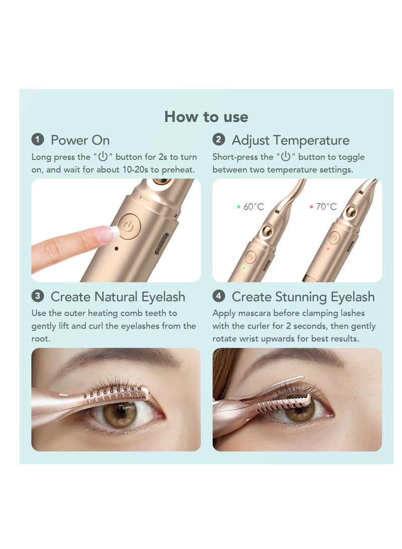 2 in 1 Heated Eyelash Curler and Quick Eyebrow Trimmer, Portable Rechargeable Makeup Electric Eyelash Curling, Achieve Naturally Curling Eyes, Pain-Free Eyebrow Trimming, Rechargeable, Gold