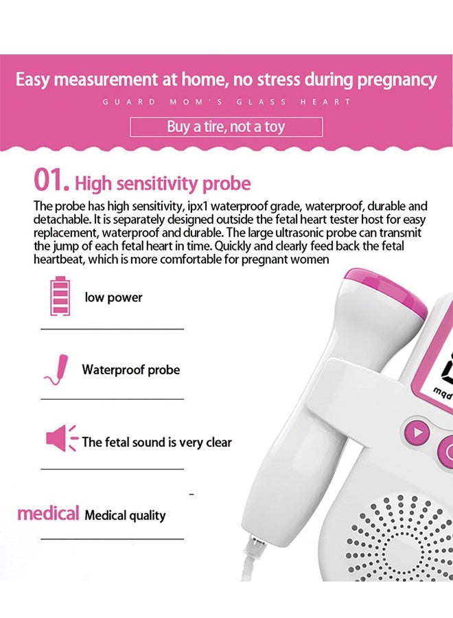 Fetal Heart Rate Detector, Portable Fetal Heart Rate Detector, Home Doppler Meter With LCD Display, For Monitoring Baby's Heartbeat At Home,pink