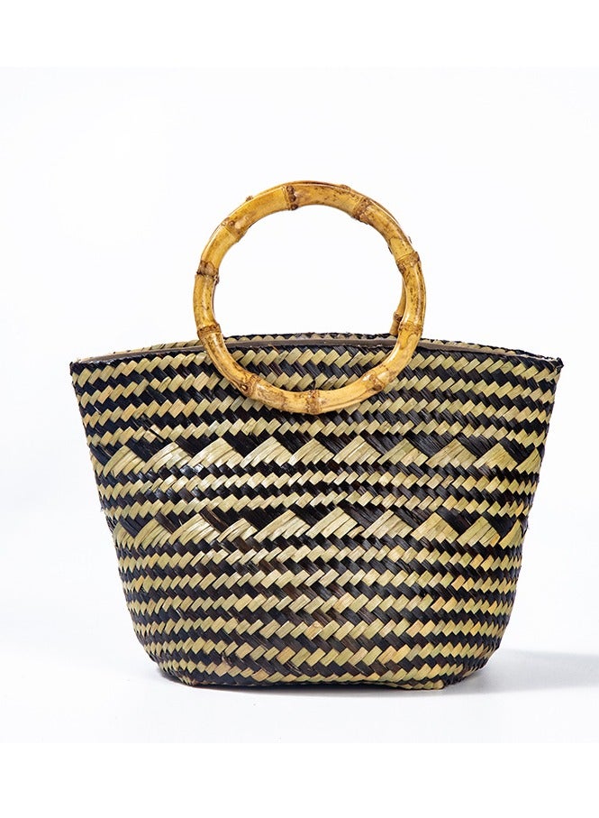 Fashionable Beach Woven Bamboo Handle Hand-Held Leisure Bag