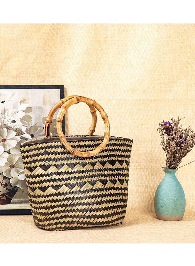 Fashionable Beach Woven Bamboo Handle Hand-Held Leisure Bag