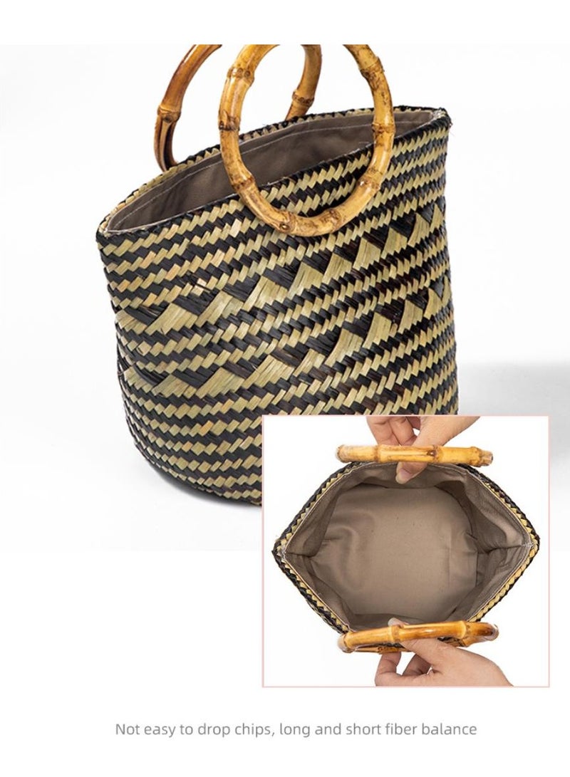 Fashionable Beach Woven Bamboo Handle Hand-Held Leisure Bag