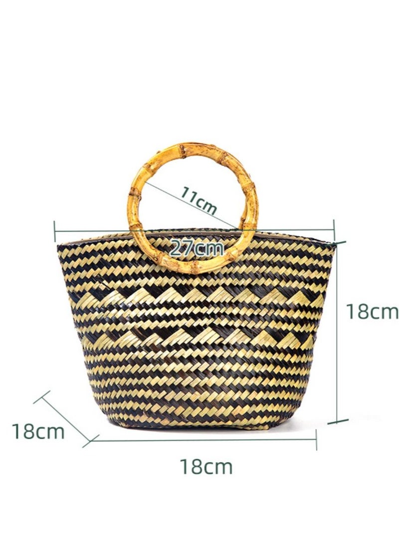 Fashionable Beach Woven Bamboo Handle Hand-Held Leisure Bag