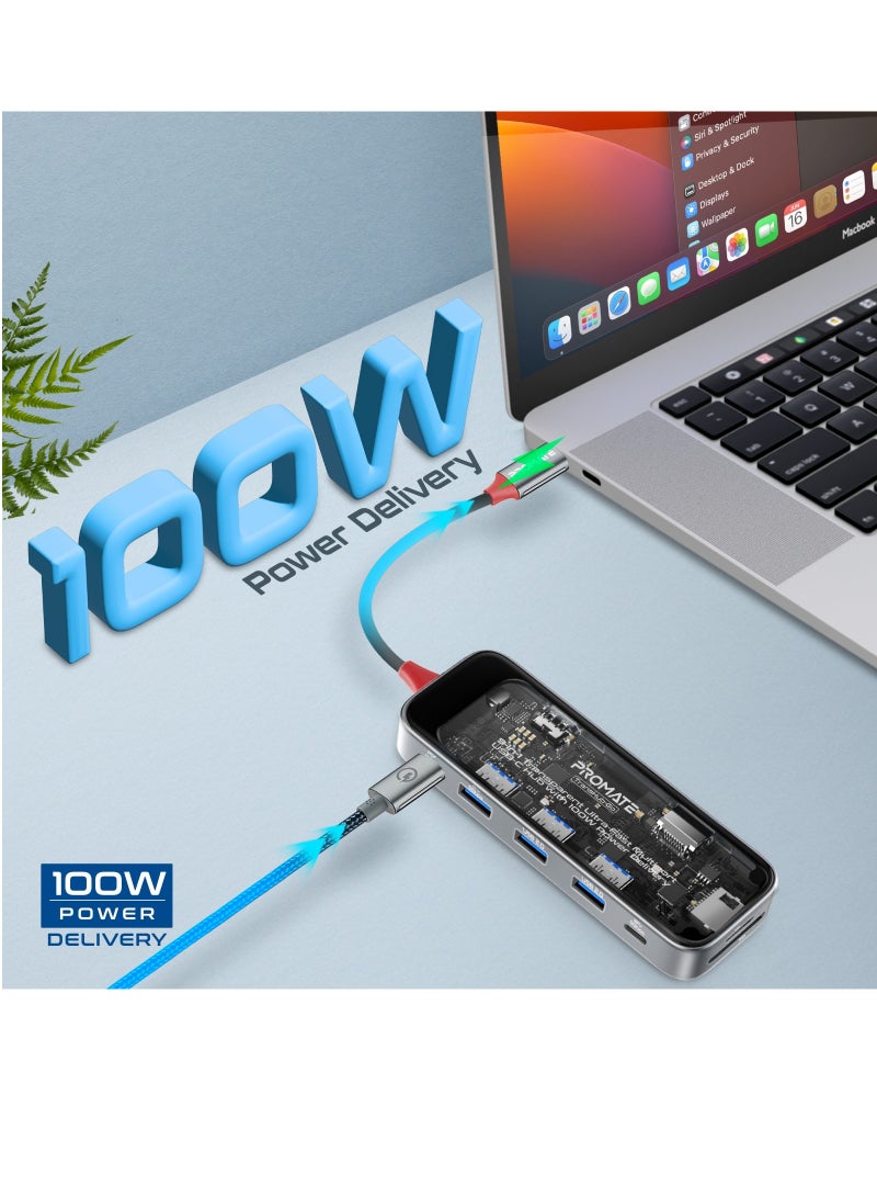 Promate USB-C™ Hub, 9-in-1 Premium Multi-Display Media Hub with Prime 4K@60Hz HDMI, 1000Mbps High-Speed LAN, SD/TF Card Slot, Dual USB-A 5Gbps Ports, 100W USB-C™ Power Delivery Black