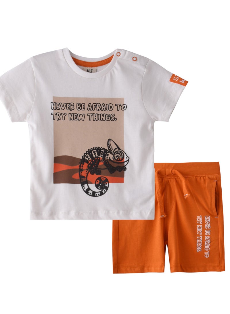 Baby Boys 2 piece Set - T-Shirts & Shorts - Off-While and Orange (100% Cotton)- VJ