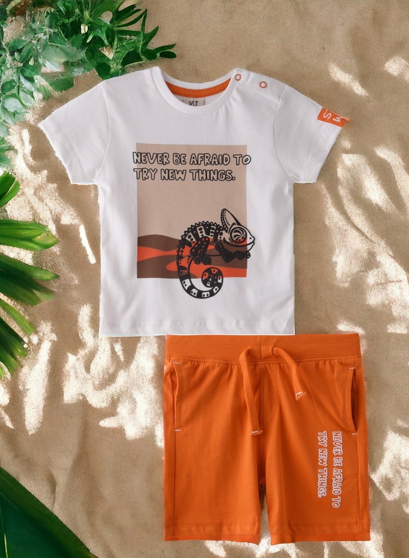 Baby Boys 2 piece Set - T-Shirts & Shorts - Off-While and Orange (100% Cotton)- VJ