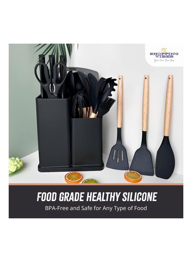 19 Pieces Silicone Kitchenware Utensil Set, Heat Resistant, Non stick, Cooking Tool with Wooden Handles, Silicone Cookware Set, BPA Free, Black