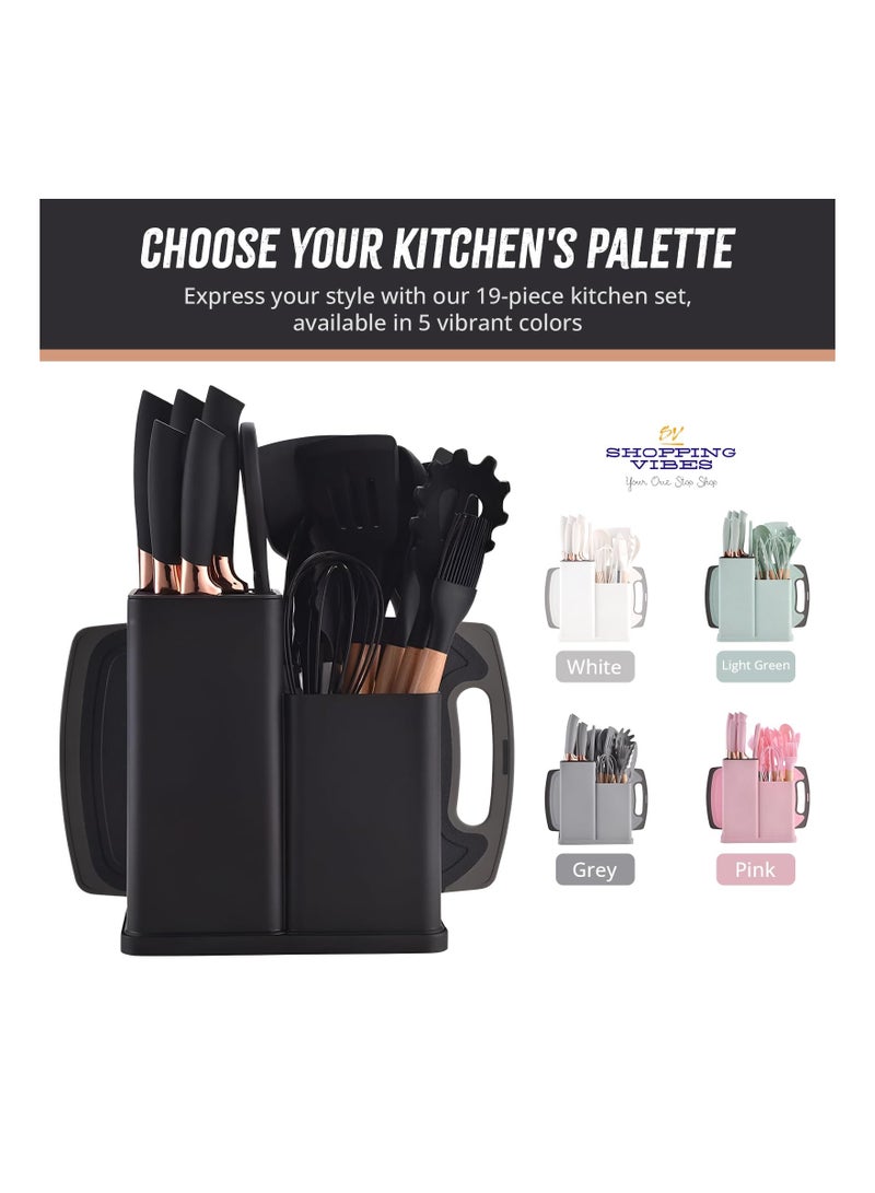 19 Pieces Silicone Kitchenware Utensil Set, Heat Resistant, Non stick, Cooking Tool with Wooden Handles, Silicone Cookware Set, BPA Free, Black
