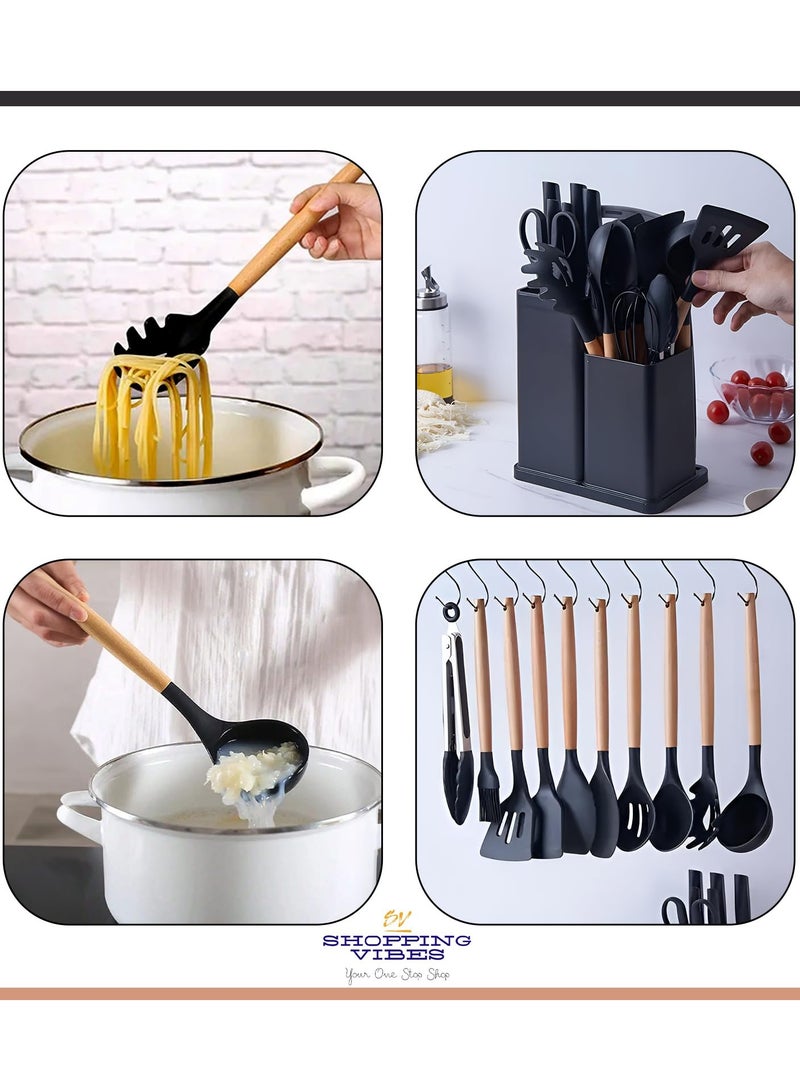 19 Pieces Silicone Kitchenware Utensil Set, Heat Resistant, Non stick, Cooking Tool with Wooden Handles, Silicone Cookware Set, BPA Free, Black