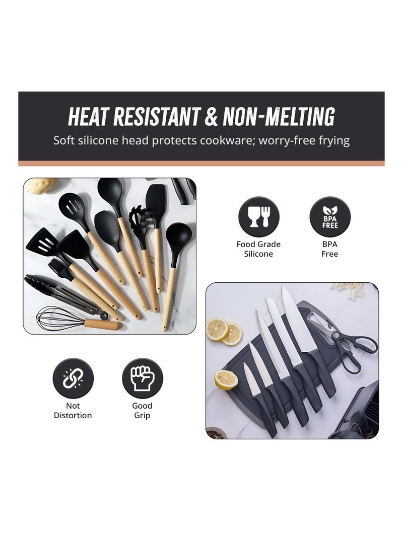 19 Pieces Silicone Kitchenware Utensil Set, Heat Resistant, Non stick, Cooking Tool with Wooden Handles, Silicone Cookware Set, BPA Free, Black