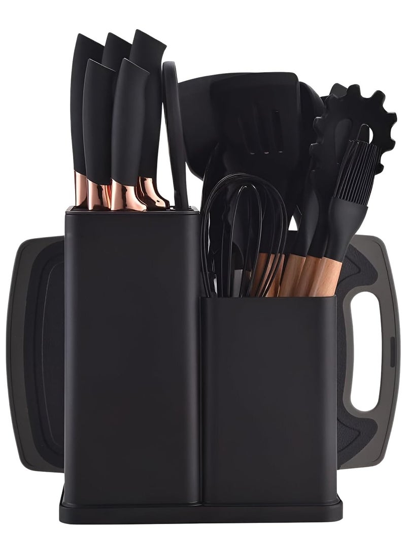 19 Pieces Silicone Kitchenware Utensil Set, Heat Resistant, Non stick, Cooking Tool with Wooden Handles, Silicone Cookware Set, BPA Free, Black