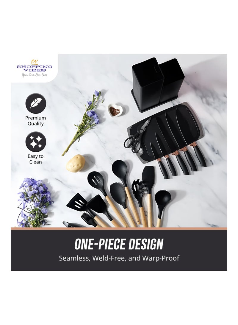 19 Pieces Silicone Kitchenware Utensil Set, Heat Resistant, Non stick, Cooking Tool with Wooden Handles, Silicone Cookware Set, BPA Free, Black
