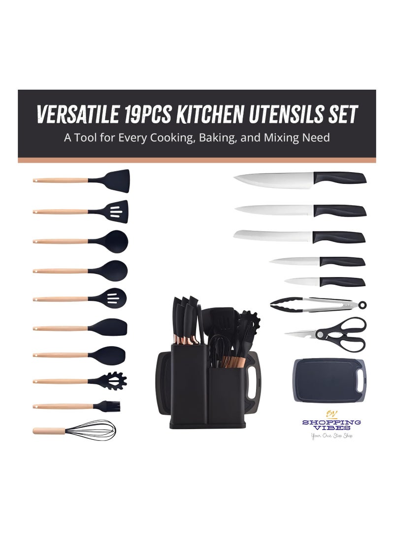 19 Pieces Silicone Kitchenware Utensil Set, Heat Resistant, Non stick, Cooking Tool with Wooden Handles, Silicone Cookware Set, BPA Free, Black