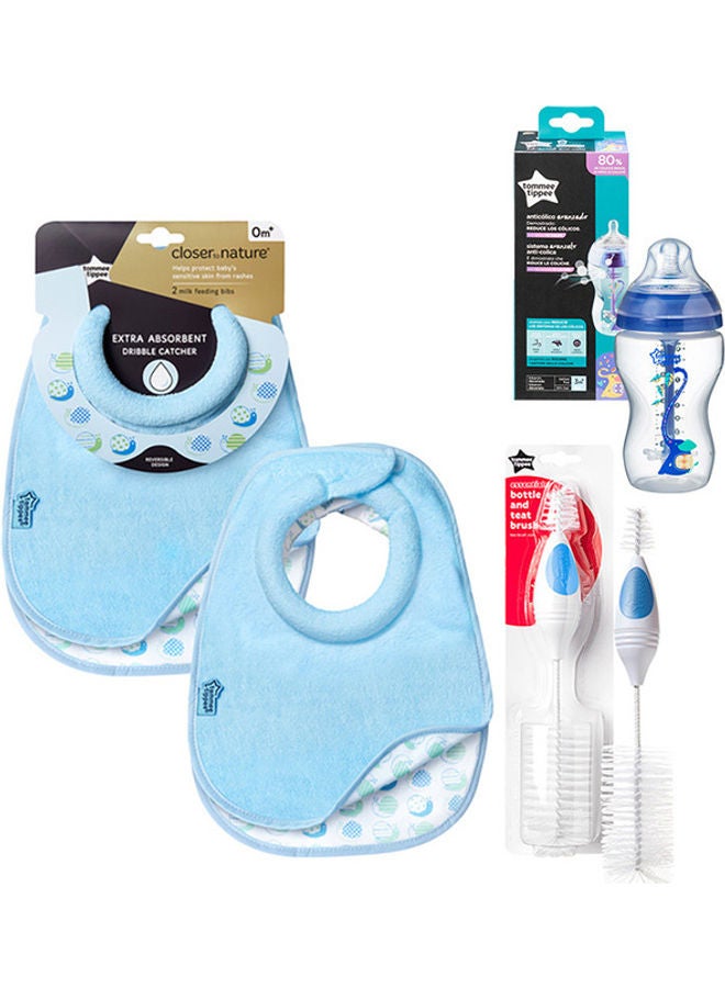 Pack of 3 Advanced Anti-Colic Bottle, Medium Teat With Closer To Nature Milk Feeding Bib With Essentials Bottle And Teat Brush - Assorted