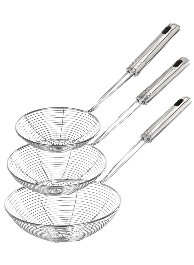 Stainless Steel Spider Strainer Skimmer Ladle Set, 3 Sizes for Cooking, Frying & Pasta Preparation, Essential Kitchen Tool for Food Straining