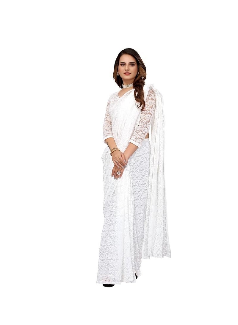 Womens Solid Net Saree With Blouse Piece