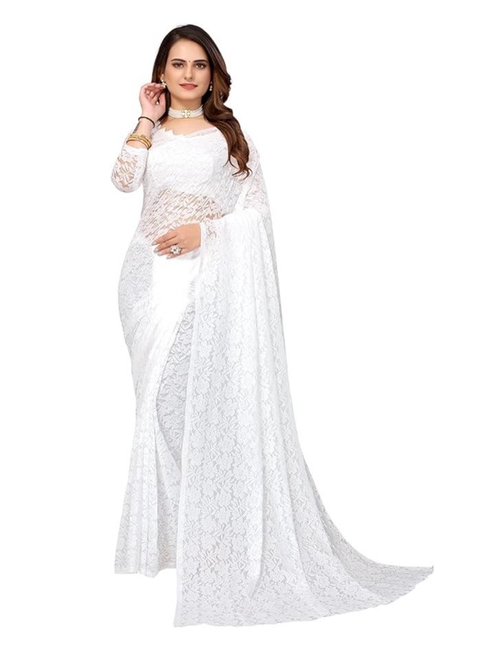 Womens Solid Net Saree With Blouse Piece