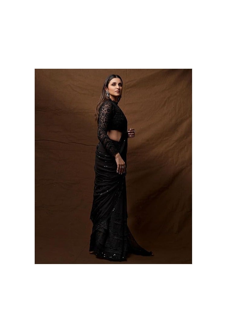 Women's Sequence Work Georgette Saree With Blouse Piece (Parineeti Sequence)