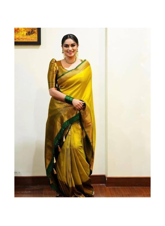 Women's Fancy Banarasi Kanjivaram Art Silk Saree with Blouse Pieces||Yellow Coloured Kanjivaram Saree|| AZ-YS-OG-YUKTI YELLOW