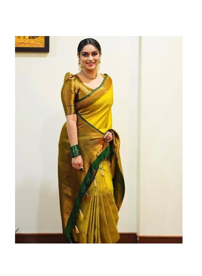 Women's Fancy Banarasi Kanjivaram Art Silk Saree with Blouse Pieces||Yellow Coloured Kanjivaram Saree|| AZ-YS-OG-YUKTI YELLOW