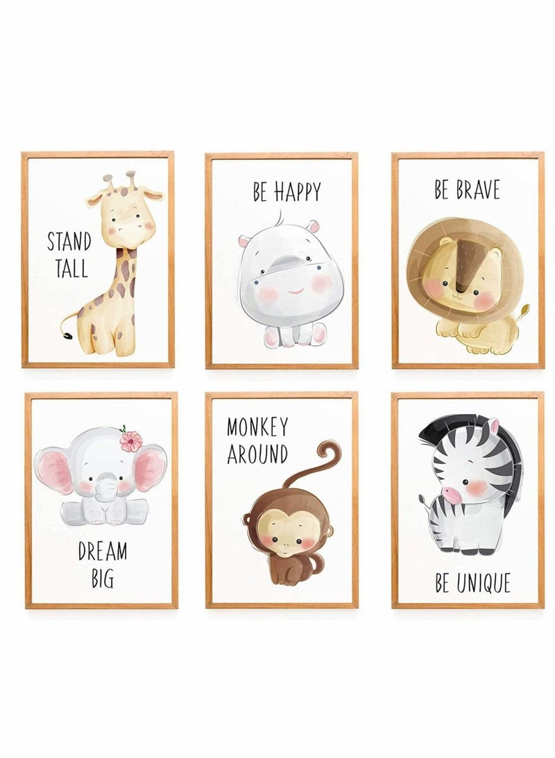 Baby Jungle Theme Nursery Decor Pictures, 6 Pack Cartoon Safari Animals Wall Art with Inspirational Quote for Baby Boys Girls Kids Bedroom Living Room Bathroom-Unframed