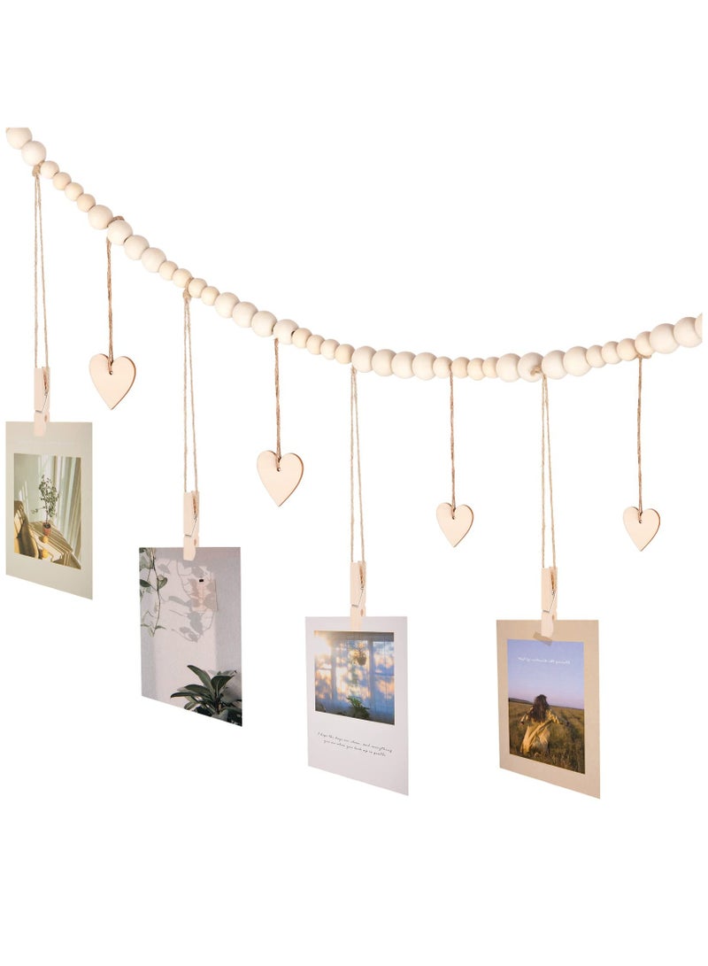 Hanging Photo Display Room Wall Decor, Boho Collage Picture Frame Cards Holder, Photo Hanger with 9 Wood Clips and 6 Wooden Hearts Tags for Home, Bedroom, Office, Nursery, Dorm Decor