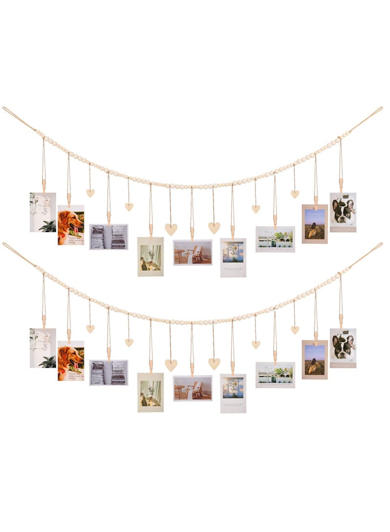 Hanging Photo Display Room Wall Decor, Boho Collage Picture Frame Cards Holder, Photo Hanger with 9 Wood Clips and 6 Wooden Hearts Tags for Home, Bedroom, Office, Nursery, Dorm Decor