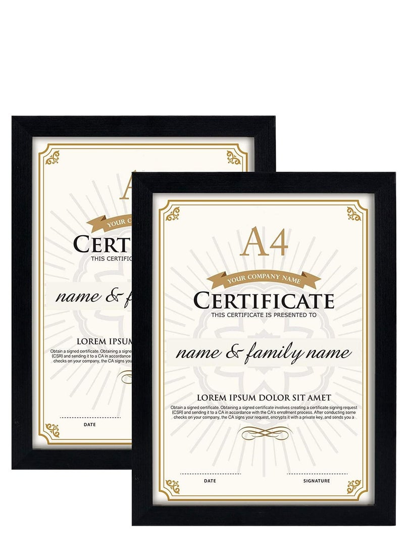 A4 Certificate Document Picture Frame, Wood Grain Frame Black Pack of 2