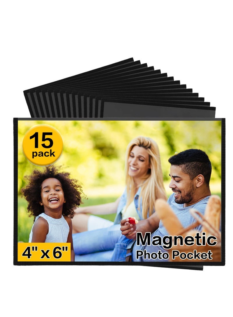 Picture Frames for Refrigerator - 4x6 Inches of Black Magnetic Photo Frames with the Plastic Sleeves, Pockets for Your Pictures, Use it on a Fridge, Locker, Cabinet or Dishwasher (15 Units)