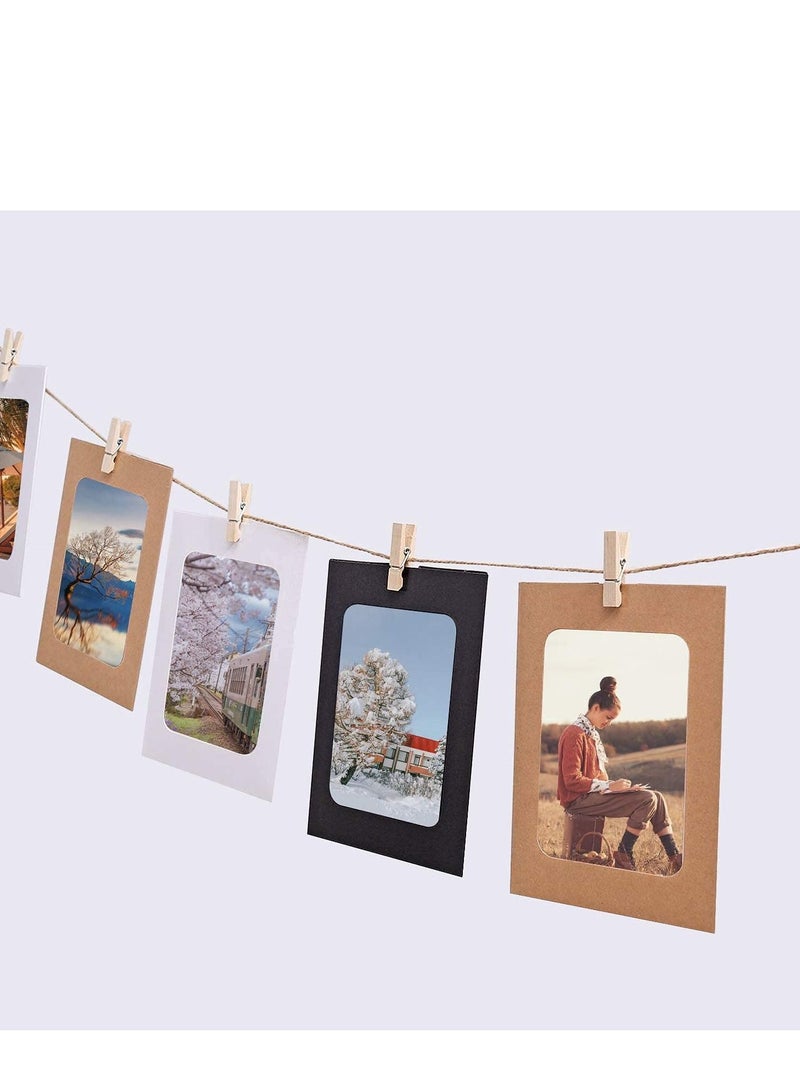 Photo Frame 30 Pack Paper 6x4 Set Multiple Photos Picture Mats with Mini Wooden Clips and String Hanging Cardboard for Home Room Wall Decor Diy